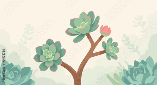 A stylized illustration of succulents on a light, hazy background