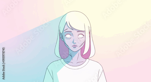 Anime portrait of a pale girl with stitches and glowing eyes