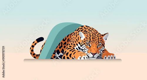 A stylized jaguar rests in a colorful, minimalist, abstract setting