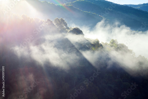 Fotografi misty morning in the mountains with sunrise