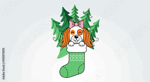 A cute Cavalier King Charles Spaniel puppy wearing a pink bow peeks out of a Christmas stocking with festive trees in the background.
