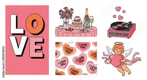 A collection of Valentine's Day themed illustrations including the word LOVE, a romantic table setting, a vintage record player, candy hearts, and a cupid.