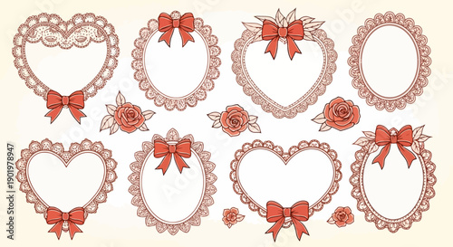 Collection of ornate lace frames with bows and roses in vintage style.
