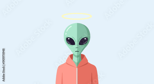 A stylized alien with large eyes and a halo wears a coral hoodie