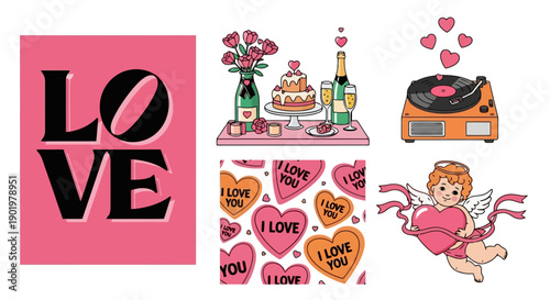 A vibrant collection of Valentine's Day themed illustrations featuring the word 'LOVE', a romantic cake and champagne setup, a vintage record player, a pattern of hearts, and a cherub holding a heart.
