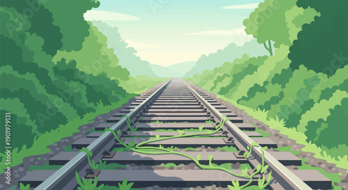 A straight railway track vanishing into a misty, green, distant landscape