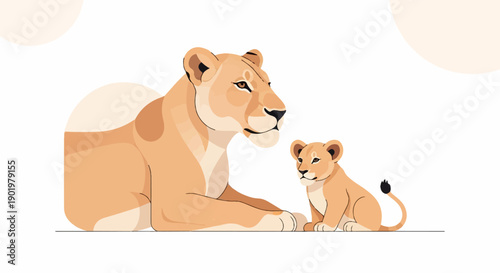 Artistic depiction of a mother lioness and her cub resting together on a plain surface