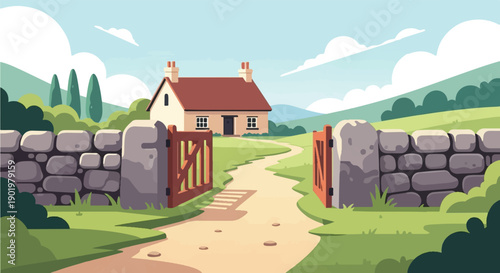 A stone wall gate opens to a path leading to a cottage in rolling hills
