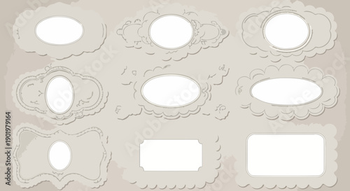 Collection of nine ornate vintage oval and rectangular photo frames with decorative borders on a textured background.