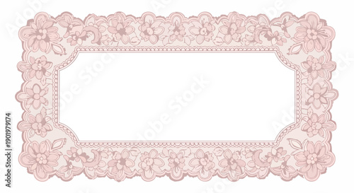 Elegant pink lace doily with floral motifs and a central rectangular opening.