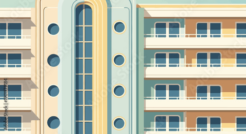 Art Deco building facade with balconies and geometric windows