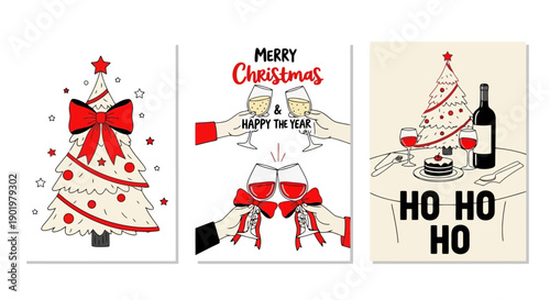 Three festive Christmas and New Year's Eve greeting cards featuring holiday trees, celebratory toasts, and a festive dinner scene.