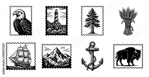 Vintage Linocut Nature and Maritime Postage Stamp Collection for Rustic Branding and Travel Ephemera