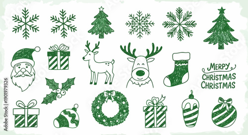 A charming collection of hand-drawn Christmas icons in green, featuring Santa, reindeer, gifts, snowflakes, and festive ornaments.