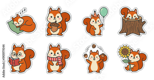 Cute Squirrel Sticker Set, Cartoon Forest Animal Vector