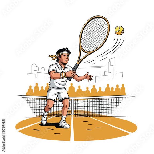 Male tennis player in action on court with racket and ball 1.