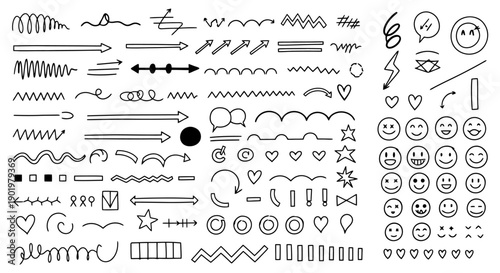 A large collection of hand-drawn doodle elements including arrows, lines, shapes, hearts, stars, and smiley faces.