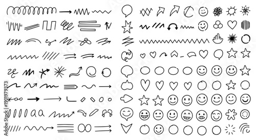 A comprehensive collection of hand-drawn doodle elements, including arrows, scribbles, stars, hearts, and smiley faces, presented in a black and white line art style.