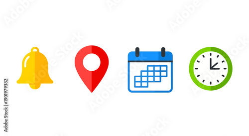 A collection of four distinct icons representing common digital interface elements: a notification bell, a location pin, a calendar, and a clock.