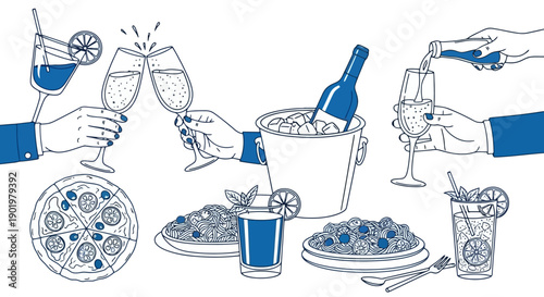 Illustration of a celebratory gathering with drinks, food, and toasting glasses, depicting a festive occasion.