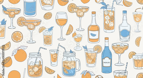 A vibrant and refreshing collection of various alcoholic and non-alcoholic beverages, garnished with citrus slices and mint leaves, set against a light background.