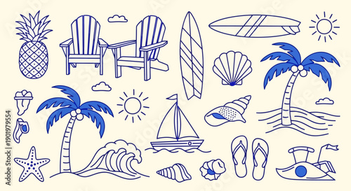 A charming collection of hand-drawn summer vacation icons, featuring beach chairs, surfboards, palm trees, and ocean waves, perfect for travel and leisure themes.