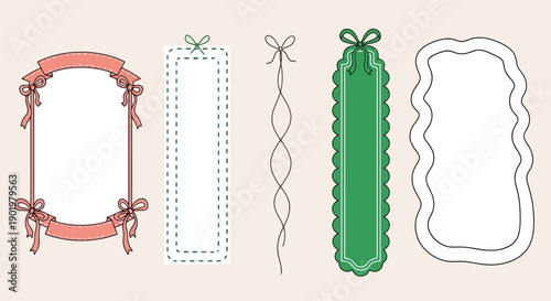 A collection of five decorative frames and borders with a vintage aesthetic, including ribbon, stitching, and scalloped edges.