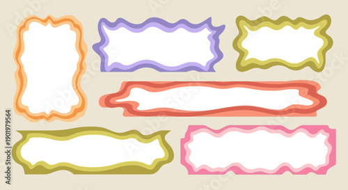 A collection of seven colorful, abstract, and decorative frames with wavy borders, perfect for graphic design elements.