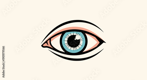 A stylized illustration of a human eye with a bright blue iris and a black pupil, set against a neutral background.