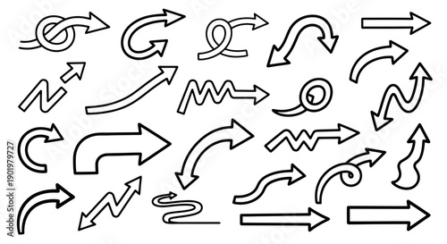 A collection of diverse hand-drawn arrow icons with various styles and directions, presented on a white background.