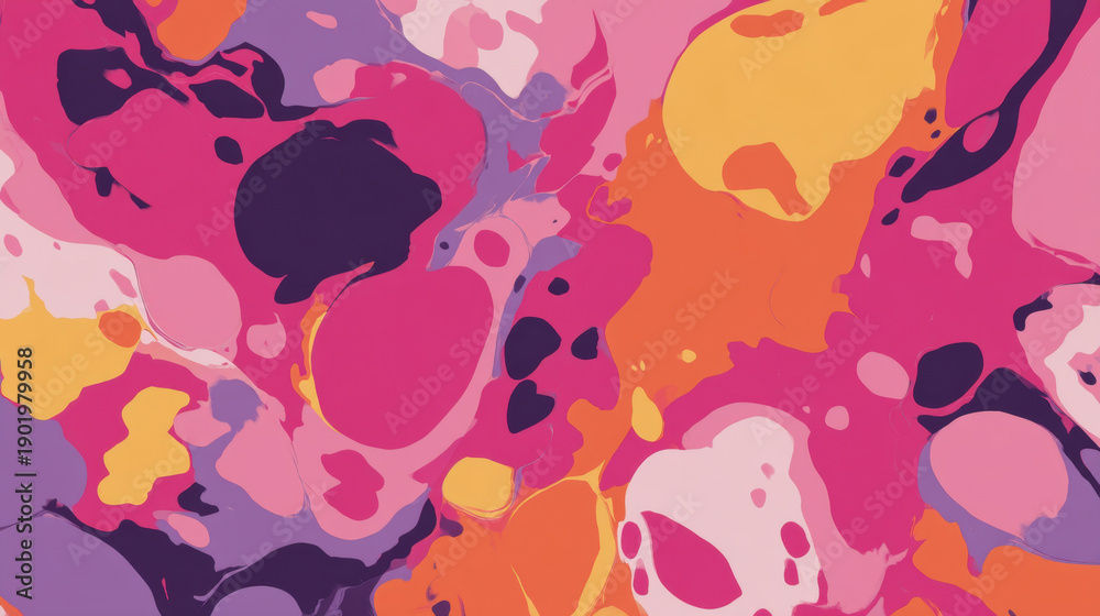 Obraz premium Abstract organic background with fluid paint shapes in vibrant pink, orange, and purple tones. Soft marbling texture and flowing forms create a modern artistic composition, suitable for creative