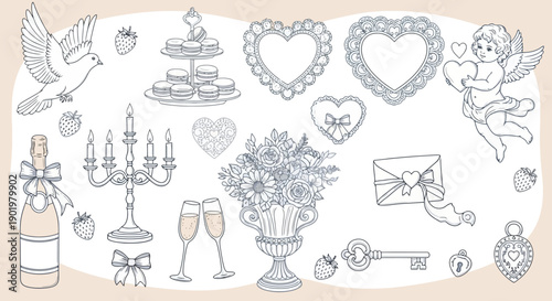A charming collection of romantic and celebratory elements, including a dove, champagne, cupcakes, candles, and floral arrangements, perfect for wedding or Valentine's Day themes.