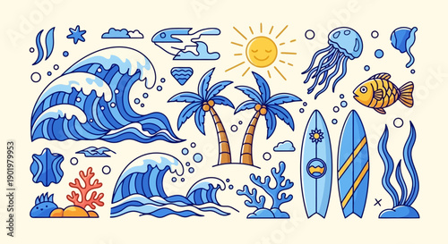 A vibrant collection of cartoon-style ocean and beach elements, including waves, palm trees, surfboards, and marine life.