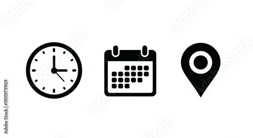 Three black icons representing time, date, and location on a white background.