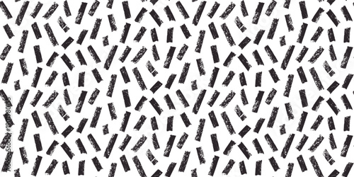 Small dash random bricks lines charcoal brush stroke seamless pattern. Black pencil drawn abstract spotty pattern design. Hand drawn short line texture. Vector irregular shapes endless background.