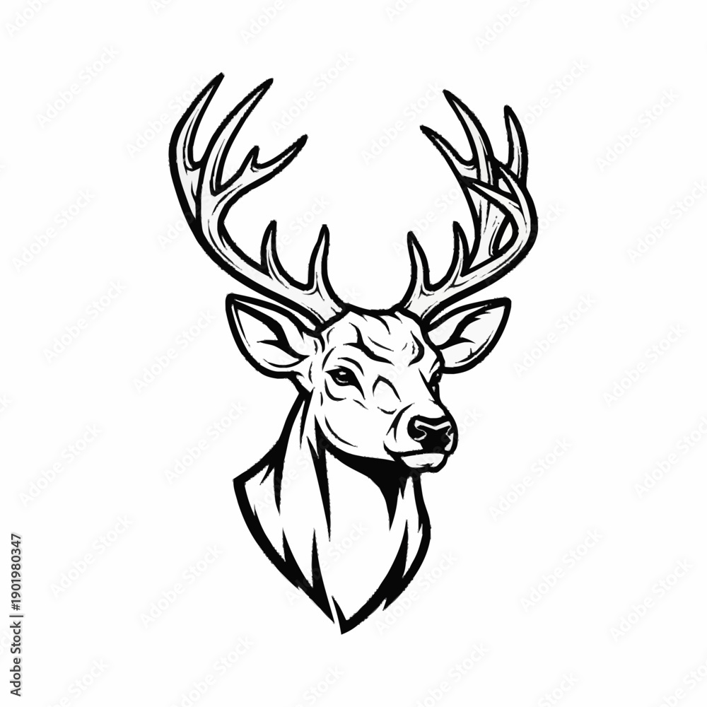 Fototapeta premium A detailed black and white illustration of a majestic deer head with large antlers, facing slightly right.