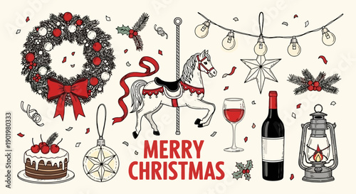 A charming collection of Christmas-themed illustrations including a wreath, cake, carousel horse, wine, and festive lights.