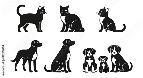 Collection of black and white silhouette illustrations of cats and dogs of various breeds and sizes.