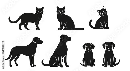 A collection of black cat and dog silhouettes, including adult cats, a playful kitten, adult dogs, and puppies, presented against a white background.