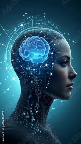 Human-AI collaboration concept. Businessman interface digital icon of a human-AI hybrid head, synergy between human intelligence and artificial intelligence in modern technology and innovat.