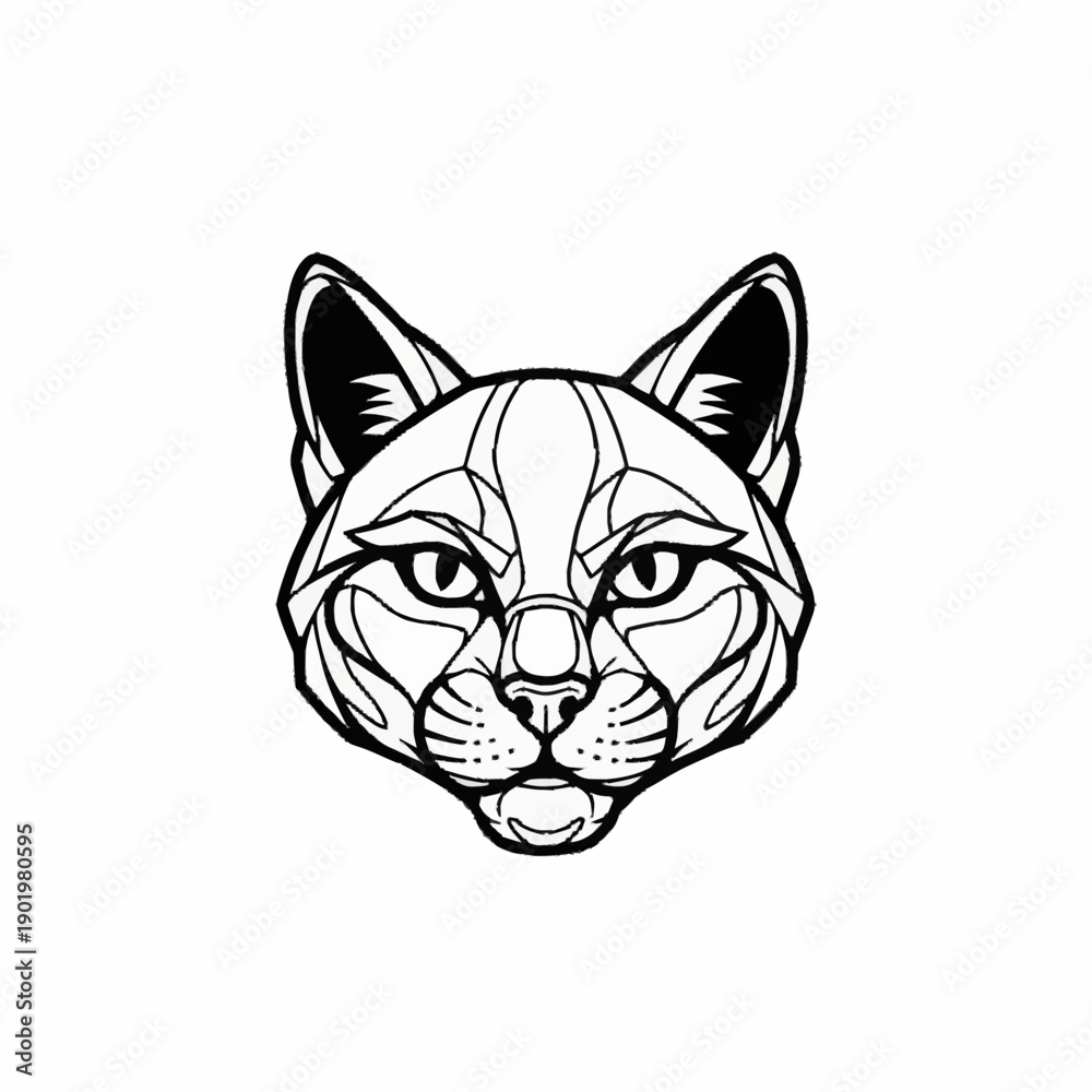 Obraz premium Geometric line art illustration of a cat's head, black and white, abstract feline face with sharp angles and intricate lines.