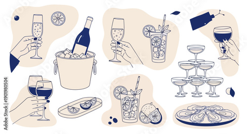 A collection of hand-drawn illustrations depicting various alcoholic beverages, cocktails, wine, champagne, and oysters, perfect for a celebratory or sophisticated occasion.