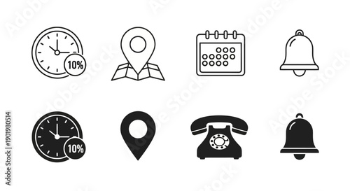 A collection of eight icons representing time, location, calendar, and notifications, presented in both outline and filled styles.