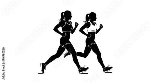 Two female athletes in silhouette running side-by-side, showcasing their athletic form and determination.