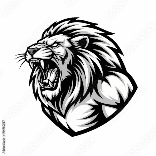 A powerful black and white illustration of a roaring lion's head, showcasing its fierce expression and detailed mane.