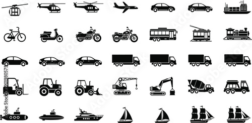 Large Set of Black Transport Icons Featuring Vehicles for Air Land and Sea Including Planes Helicopters Cars Trucks Motorcycles Ships and Construction Machinery Symbols