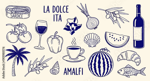 A charming collection of hand-drawn Italian food and drink illustrations, featuring wine, coffee, fruits, vegetables, and seafood, evoking the essence of 'La Dolce Vita' and Amalfi.