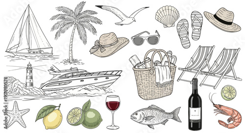A detailed illustration of various elements associated with a luxurious seaside vacation, including a yacht, sailboat, lighthouse, palm tree, beach chairs, and various food and drink items.