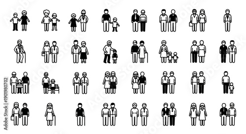 Collection of diverse family and relationship icons representing various family structures and pairings.