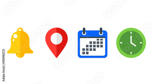 A collection of four distinct icons representing notification, location, calendar, and time, presented on a white background.